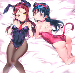 Rule 34 | 2girls, :o, animal ears, ass, bare arms, bare shoulders, bed sheet, blunt bangs, blush, breasts, brown legwear, cat ears, cat tail, choker, cleavage, covered navel, detached collar, fake animal ears, feet out of frame, hair bun, hair ornament, hairclip, hands on own chest, head tilt, highres, kittysuit, kneepits, leotard, long hair, looking at viewer, love live!, love live! sunshine!!, lying, medium breasts, multiple girls, necktie, nontraditional playboy bunny, on back, on stomach, pantyhose, parted lips, pink choker, pink leotard, playboy bunny, rabbit ears, red hair, red neckwear, sakurauchi riko, shiny skin, side bun, single hair bun, single side bun, skin tight, tail, tem10, thigh gap, tsushima yoshiko, wrist cuffs, yellow eyes