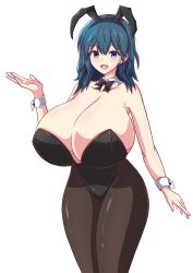 Rule 34 | 1girl, :d, absurdres, alternate breast size, alternate costume, animal ears, bare shoulders, black leotard, blue eyes, blue hair, bow, bowtie, breasts, byleth (female) (fire emblem), byleth (fire emblem), cleavage, covered navel, detached collar, fire emblem, fire emblem: three houses, happy, highleg, highleg leotard, highres, huge breasts, leotard, light xion, medium hair, nintendo, open mouth, pantyhose, playboy bunny, rabbit ears, smile, solo, standing, strapless, strapless leotard, white background, wrist cuffs
