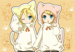 Rule 34 | 1boy, 1girl, animal ears, animal hat, aqua eyes, blonde hair, brother and sister, cat ears, cat hat, cat tail, child, hat, hidacafe, holding hands, izumi yuu (mee), kagamine len, kagamine rin, one eye closed, short hair, siblings, tail, twins, vocaloid, wink