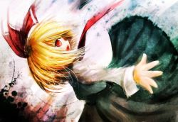 Rule 34 | 1girl, bad id, bad pixiv id, blonde hair, dot heit, embodiment of scarlet devil, fang, female focus, gradient background, hair ribbon, necktie, open mouth, red eyes, ribbon, rumia, short hair, solo, touhou
