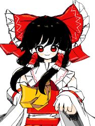 Rule 34 | 1girl, ascot, black hair, bow, closed mouth, colored skin, commentary, detached sleeves, frilled bow, frilled hair tubes, frilled shirt collar, frills, hair bow, hair tubes, hakurei reimu, highres, large bow, long hair, long sleeves, looking at viewer, microsoft paint (medium), neruzou, nontraditional miko, red bow, red eyes, red skirt, red vest, redrawn, sidelocks, simple background, skirt, skirt set, smile, solo, standing, straight-on, touhou, upper body, vest, white background, white skin, white sleeves, wide sleeves, yellow ascot