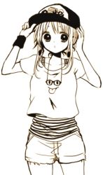 Rule 34 | 1girl, :o, adjusting clothes, adjusting headwear, anzu (o6v6o), baseball cap, cowboy shot, denim, denim shorts, earrings, gumi, hand on own head, hat, headwear writing, jewelry, layered clothes, looking at viewer, monochrome, pendant, sepia, shirt, short hair with long locks, short shorts, short sleeves, shorts, simple background, solo, striped tank top, sweatband, t-shirt, tank top, vocaloid, white background