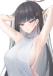 Rule 34 | 1girl, absurdres, armpits, arms up, black hair, blue archive, blush, breasts, guntree, halo, highres, large breasts, long hair, looking at viewer, meme attire, red eyes, rio (blue archive), sideboob, sideless outfit, simple background, solo, straight hair, upper body, very long hair, virgin killer sweater, white background