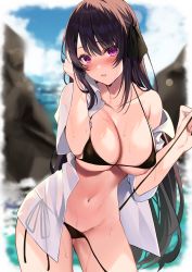 Rule 34 | 1girl, :o, absurdres, ao no kanata no four rhythm, bare shoulders, bikini, black hair, black ribbon, blurry, blurry background, blush, breasts, cleavage, commentary request, covered erect nipples, cowboy shot, day, depth of field, gluteal fold, groin, hair ribbon, hand in own hair, hand up, highres, hizuki higure, holding, large breasts, long hair, looking at viewer, micro bikini, off shoulder, open mouth, outdoors, purple eyes, ribbon, rock, see-through, shirt, short sleeves, side-tie bikini bottom, single bare shoulder, solo, straight hair, swimsuit, tobisawa misaki, untied bikini, very long hair, wet, wet clothes, wet shirt