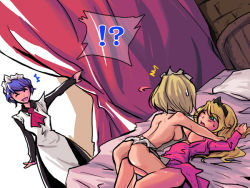 Rule 34 | !?, 3girls, ^^^, alice (embric), bakki, bed, bedroom, caught, ecinacea (embric), embric of wulfhammer&#039;s castle, girl on top, indoors, maid, multiple girls, no panties, official art, one eye closed, the duchess of elstwhere, yuri
