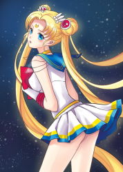 Rule 34 | 1990s (style), 1girl, ayase1124, bare legs, bishoujo senshi sailor moon, blonde hair, blue eyes, blue sailor collar, blush, bow, choker, crescent, crescent facial mark, double bun, elbow gloves, facial mark, forehead mark, gloves, hair ornament, hairclip, jewelry, long hair, looking at viewer, looking back, magical girl, miniskirt, multicolored clothes, multicolored skirt, neck, pleated skirt, red bow, retro artstyle, sailor collar, sailor moon, see-through, see-through sleeves, skirt, sky, solo, star (sky), starry sky, super sailor moon, tsukino usagi, twintails, very long hair, white gloves, yellow choker