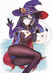Rule 34 | 1girl, absurdres, artist request, ass, black hair, breasts, cape, detached sleeves, genshin impact, gloves, green eyes, hat, highres, long hair, looking at viewer, lying, mona (genshin impact), on side, paimon (genshin impact), pantyhose, pillow, shiny clothes, smile, tongue, tongue out, twintails