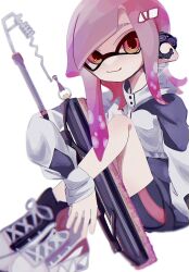 Rule 34 | 1girl, bike shorts, black jacket, closed mouth, cross-laced footwear, earrings, eyebrow cut, highres, holding, holding sword, holding weapon, icebo x x, inkling, inkling girl, inkling player character, jacket, jewelry, long hair, looking at viewer, multicolored clothes, multicolored jacket, nintendo, orange eyes, pink hair, pointy ears, shoes, simple background, sitting, sleeves past wrists, smile, solo, splatana wiper (splatoon), splatoon (series), splatoon 3, sword, tentacle hair, two-tone jacket, weapon, white background, white jacket