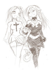 Rule 34 | 2girls, :d, aged up, alternate breast size, alternate hairstyle, bracelet, breasts, cleavage, collar, crop top, cropped legs, cross, dan heron, demon girl, demon tail, disgaea, etna (disgaea), eye contact, flonne, graphite (medium), greyscale, hair between eyes, holding hands, jewelry, large breasts, looking at another, miniskirt, monochrome, multiple girls, open mouth, pointy ears, sketch, skirt, slit pupils, smile, sweater, tail, thighhighs, traditional media
