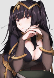 Rule 34 | 1girl, armlet, artist name, black cape, black hair, black nails, blunt bangs, bodystocking, book, book stack, breasts, bridal gauntlets, cape, cleavage, commentary, covered navel, eyelashes, fire emblem, fire emblem awakening, gold, grey eyes, highres, large breasts, leaning forward, long hair, looking at viewer, nintendo, peach11 01, pelvic curtain, skin tight, solo, tharja (fire emblem), tiara, two side up