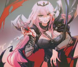 Rule 34 | 1girl, absurdres, alternate costume, bad id, bad twitter id, black cape, black dress, black nails, blood, blood in hair, blood on hands, bloody weapon, breasts, cape, cleavage, dress, highres, holding, holding scythe, hololive, hololive english, large breasts, looking at viewer, mori calliope, nail polish, pink eyes, pink hair, scythe, set7, smile, solo, spikes, tiara, veil, virtual youtuber, weapon