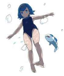 Rule 34 | 1girl, air bubble, bare legs, barefoot, blue eyes, blue hair, bubble, chorefuji, covered navel, creatures (company), fish, full body, game freak, gen 7 pokemon, hairband, lana (pokemon), looking down, nintendo, one-piece swimsuit, open mouth, outstretched arms, pokemon, pokemon (creature), pokemon sm, short hair, simple background, sleeveless, spread arms, swimsuit, trial captain, underwater, water, white background, wishiwashi, wishiwashi (solo)
