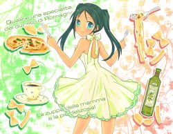 Rule 34 | 1girl, bottle, cup, dress, food, fork, francesca lucchini, green eyes, green hair, italian text, italy, knife, long hair, looking back, matching hair/eyes, md5 mismatch, olive oil, pasta, pizza, resolution mismatch, solo, source smaller, spaghetti, strike witches, teacup, text focus, twintails, world witches series, yuni (artist), yuni (seifuku-san)