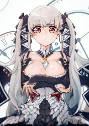 Rule 34 | 1girl, absurdres, azur lane, bare shoulders, between breasts, black bow, black dress, blue nails, blush, bow, breasts, cleavage, clock, closed mouth, corset, cowboy shot, crossed arms, detached sleeves, dress, earrings, formidable (azur lane), frilled dress, frills, hair bow, highres, jewelry, jumbowhopper, large breasts, layered dress, long hair, long sleeves, looking at viewer, nail polish, red eyes, roman numeral, silver hair, solo, twintails, very long hair, wrist cuffs