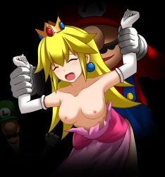 Rule 34 | 1girl, 2boys, aroa, blonde hair, breasts, collarbone, crown, earrings, elbow gloves, closed eyes, facial hair, gloves, hat, jewelry, long hair, luigi, mario, mario (series), multiple boys, mustache, nintendo, nipples, open mouth, princess peach, restrained, super mario bros. 1, topless, torn clothes