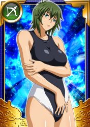 Rule 34 | 00s, 1girl, bare legs, breasts, card (medium), female focus, green hair, ikkitousen, kyocho chuukou, large breasts, looking at viewer, one-piece swimsuit, shiny skin, short hair, smile, solo, standing, swimsuit