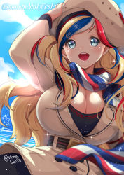 Rule 34 | 10s, 1girl, alternate breast size, anchor hair ornament, arm at side, black shirt, blonde hair, blue eyes, blue hair, breasts, character name, cleavage, commandant teste (kancolle), hair ornament, highres, huge breasts, kantai collection, lips, looking at viewer, matching hair/eyes, multicolored clothes, multicolored hair, multicolored scarf, open mouth, red hair, scarf, shibi, shirt, solo, streaked hair, swept bangs, twitter username, upper body, white hair