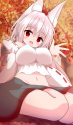 Rule 34 | 1girl, absurdres, animal ears, autumn leaves, bare shoulders, black skirt, blouse, blush, breasts, detached sleeves, fang, forest, hat, highres, impossible clothes, impossible shirt, inubashiri momiji, large breasts, leaf, looking at viewer, looking down, maple leaf, midriff, multicolored clothes, multicolored skirt, nature, navel, open mouth, outdoors, pom pom (clothes), red eyes, red skirt, ribbon-trimmed sleeves, ribbon trim, shirt, short hair, sitting, skirt, sleeveless, sleeveless shirt, solo, tokin hat, touhou, turtleneck, waffuru, wariza, white hair, white shirt, wolf ears
