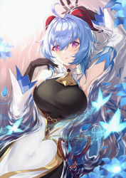Rule 34 | 1girl, ahoge, arm up, armpits, augu (523764197), bare shoulders, bell, blue hair, breasts, cowbell, detached sleeves, flower, ganyu (genshin impact), genshin impact, gloves, goat horns, highres, horns, large breasts, long hair, long sleeves, looking at viewer, partially submerged, purple eyes, solo, water