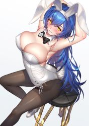 Rule 34 | animal ears, armpits, arms behind head, arms up, bar stool, black leotard, blue hair, bow, bowtie, breasts, brick (atelier brick), cleavage, commission, detached collar, fake animal ears, fake tail, from above, girls&#039; frontline, high heels, large breasts, leotard, long hair, official alternate costume, pantyhose, pixiv commission, playboy bunny, rabbit ears, rabbit tail, sitting, stool, strapless, strapless leotard, tail, tar-21 (girls&#039; frontline), tar-21 (night at the bar) (girls&#039; frontline), white background, white leotard, wrist cuffs, yellow eyes