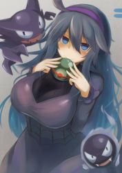 Rule 34 | 1girl, ahoge, akahuzi, alternate breast size, blue eyes, blush, breasts, closed mouth, creatures (company), dusk ball, game freak, gastly, gen 1 pokemon, hairband, haunter, hex maniac (pokemon), highres, holding, holding poke ball, large breasts, long hair, long sleeves, looking at viewer, nintendo, poke ball, pokemon, pokemon (creature), pokemon xy, purple hair, smile