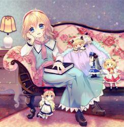 Rule 34 | 4girls, alice margatroid, amo (shibu3), apron, arm support, ascot, blonde hair, blue dress, blue eyes, book, boots, bow, brown eyes, brown hair, capelet, couch, dress, fairy, fairy wings, floral print, grimoire, grimoire of alice, hair bow, hairband, hat, highres, long sleeves, luna child, mini person, minigirl, multiple girls, open mouth, pillow, red dress, red eyes, sash, shanghai doll, sitting, star sapphire, sunny milk, touhou, waist apron, wings