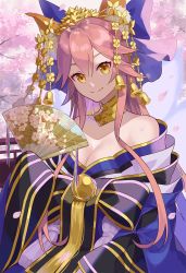 Rule 34 | 1girl, animal ear fluff, animal ears, bare shoulders, bell, blue bow, blue kimono, blush, bow, breasts, cherry blossoms, closed mouth, fate/extra, fate/grand order, fate (series), folding fan, fox ears, fox girl, hair between eyes, hand fan, has bad revision, has downscaled revision, highres, iincho (airi8751), japanese clothes, kimono, large breasts, long hair, long sleeves, md5 mismatch, off shoulder, official alternate costume, petals, pink hair, resolution mismatch, smile, solo, source smaller, tamamo (fate), tamamo no mae (fate/extra), tamamo no mae (third ascension) (fate), very long hair, wide sleeves, yellow eyes
