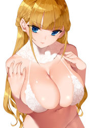 Rule 34 | 1girl, bare shoulders, blonde hair, blue eyes, bra, breasts, cleavage, closed mouth, detached collar, half updo, hands on own chest, lace, lace bra, lace collar, large breasts, looking at viewer, original, panties, saburou (hgmg), sidelocks, smile, solo, underwear