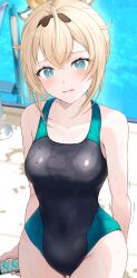 Rule 34 | 1girl, absurdres, aqua eyes, bare shoulders, black one-piece swimsuit, blonde hair, breasts, competition swimsuit, covered navel, green one-piece swimsuit, hair between eyes, hairband, highleg, highleg swimsuit, highres, hololive, kazama iroha, kudoukudokudo, large breasts, long hair, looking at viewer, multicolored clothes, multicolored swimsuit, one-piece swimsuit, open mouth, ponytail, short ponytail, solo, swimsuit, thighs, trembling, two-tone swimsuit, virtual youtuber, wet