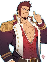 Rule 34 | 1boy, abs, artist name, bara, belt, biceps, buttons, collared shirt, facial hair, fate/grand order, fate (series), long sideburns, looking at viewer, male focus, manly, military, military uniform, muscular, muscular male, napoleon bonaparte (fate), open clothes, open shirt, pectoral cleavage, pectorals, red hair, scar, scar on chest, shirt, sideburns, smile, spiked hair, thick arms, thick eyebrows, thumbs up, tight clothes, uniform, xelgot