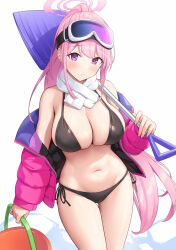 Rule 34 | 1girl, bikini, black bikini, blue archive, blush, breasts, bucket, cleavage, closed mouth, cowboy shot, eimi (blue archive), eimi (swimsuit) (blue archive), goggles, goggles on head, halo, highres, holding, holding bucket, holding shovel, jacket, large breasts, long hair, long sleeves, looking at viewer, navel, official alternate costume, pink eyes, pink hair, pink halo, pink jacket, sawada yuusuke, scarf, shovel, side-tie bikini bottom, simple background, solo, sweat, swimsuit, very long hair, white background, white scarf