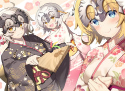 Rule 34 | 3girls, :d, ahoge, akae neo, alternate costume, black kimono, blonde hair, blue eyes, blush, commentary request, drawing on another&#039;s face, fate/grand order, fate (series), floral print, hagoita, hanetsuki, headpiece, japanese clothes, jeanne d&#039;arc (fate), jeanne d&#039;arc (ruler) (fate), jeanne d&#039;arc alter (avenger) (fate), jeanne d&#039;arc alter (fate), jeanne d&#039;arc alter santa lily (fate), kimono, looking at viewer, multiple girls, open mouth, paddle, paint splatter, paint splatter on face, paintbrush, pink kimono, short hair, silver hair, smile, wavy mouth, yellow eyes
