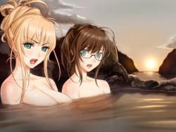 Rule 34 | 2girls, angry, blonde hair, blush, breasts, brown hair, cloud, collarbone, eyebrows, game cg, glasses, green eyes, hair up, large breasts, looking at viewer, multiple girls, nude, onsen, open mouth, original, outdoors, partially submerged, raised eyebrows, sano toshihide, saotome maria, saotome marimo, sex life, sky, small breasts, sun, water, wet