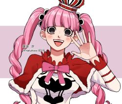 Rule 34 | 1girl, artist request, capelet, crop top, cross, crown, drill hair, eyelashes, highres, long hair, long sleeves, looking at viewer, one piece, open mouth, perona, pink hair, red capelet, salute, shirt, simple background, skirt, smile, solo, tongue, tongue out, twintails, twitter username, very long hair, white shirt