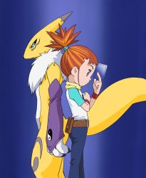 Rule 34 | 1girl, back-to-back, bad id, bad twitter id, belt, black sclera, blue background, blue card, blue eyes, blue pants, buckle, card, claws, cleaned, colored sclera, creature, d-ark, denim, digimon, digimon (creature), digimon tamers, digivice, elbow gloves, expressionless, fingerless gloves, furry, gloves, hair ornament, highres, holding, holding card, looking at viewer, makino ruki, mane, nakatsuru katsuyoshi, neck fur, official art, orange hair, pants, print gloves, print shirt, purple eyes, purple gloves, raglan sleeves, red wristband, renamon, shirt, standing, tail, toei animation, turtleneck, white shirt, wristband, yin yang, yin yang print