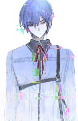 Rule 34 | 1boy, 25-ji kaito, 25-ji nightcord de. (project sekai), arms at sides, blue eyes, blue hair, buttons, closed mouth, collared shirt, commentary, glitch, harness, highres, kaito (vocaloid), long sleeves, looking at viewer, male focus, neck ribbon, project sekai, red ribbon, ribbon, shirt, short hair, solo, symbol-only commentary, toupou39, vocaloid, white background