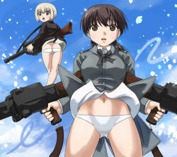 Rule 34 | 2girls, ass, blonde hair, blue eyes, blush, breasts, brown eyes, butt crack, erica hartmann, flying, gertrud barkhorn, gun, hosoinogarou, large breasts, military, military uniform, multiple girls, navel, open mouth, outdoors, rifle, short hair, sky, strike witches, uniform, weapon, world witches series