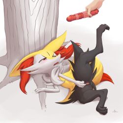 Rule 34 | 1girl, absurdres, animal ear fluff, animal ears, animal feet, animal hands, animal nose, animal pussy, anus, anus peek, artist name, black fur, blush, body fur, braixen, breath, canine pussy, claw mark, claws, clitoral stimulation, clitoris, creatures (company), dildo, disembodied hand, ears down, fangs, feet, female focus, female masturbation, fox ears, fox girl, fox tail, full body, furry, furry female, game freak, gen 6 pokemon, half-closed eyes, highres, holding, holding sex toy, leg up, looking up, lying, masturbation, multicolored fur, neck fur, nintendo, on side, open mouth, pawpads, pokemon, pokemon (creature), pussy, pussy juice, red eyes, sex toy, signature, snout, solo focus, spread legs, spread pussy, stoic5, sweat, tail, toes, tongue, tree, uncensored, white background, white fur, yellow fur