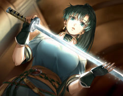 Rule 34 | 1girl, belt, breasts, delsaber, earrings, facing viewer, fingerless gloves, fire emblem, fire emblem: the blazing blade, from below, gloves, glowing, glowing sword, glowing weapon, green eyes, green hair, hands up, holding, holding sword, holding weapon, jewelry, large breasts, long hair, looking at object, lyn (fire emblem), mani katti (fire emblem), nintendo, open mouth, ponytail, solo, sword, upper body, weapon