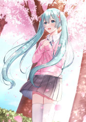 Rule 34 | 1girl, :d, absurdres, blue eyes, blue hair, blush, cardigan, cherry blossoms, collared shirt, cowboy shot, crying, crying with eyes open, floating hair, grey skirt, hair between eyes, hair ornament, hair ribbon, hairclip, happy tears, hatsune miku, highres, long hair, miniskirt, nei (aduma1120ponpon), open mouth, own hands together, pink cardigan, pink ribbon, pleated skirt, ribbon, school uniform, shirt, skirt, smile, solo, sparkle, spring (season), standing, tears, thighhighs, twintails, very long hair, vocaloid, white shirt, white thighhighs, wing collar, x hair ornament