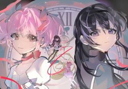 2girls akemi_homura akemi_homura_(magical_girl) black_hair black_hairband black_pantyhose chinese_commentary choker clock closed_mouth commentary_request dress hairband highres kaname_madoka kaname_madoka_(magical_girl) looking_at_another mahou_shoujo_madoka_magica mahou_shoujo_madoka_magica_(anime) multiple_girls multiple_views pantyhose partial_commentary pink_dress pink_eyes purple_eyes red_choker red_ribbon ribbon ribbon_choker roman_numeral short_twintails smile twintails xinjinjumin252973509612