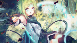Rule 34 | 1girl, black thighhighs, blue eyes, green hair, gumi, highres, la-na, looking at viewer, music, open mouth, scarf, short hair, singing, solo, thighhighs, vocaloid
