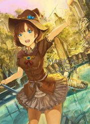 Rule 34 | 1girl, blue eyes, brown hair, building, dress, hat, highres, original, reflection, shirorin (ballet girl&#039;s), solo, stairs, sunset, tree, water, witch hat