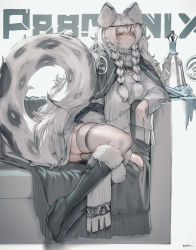 Rule 34 | 1girl, absurdres, animal ear fluff, animal ears, arknights, artist name, bell, black capelet, black footwear, boots, braid, capelet, character name, commentary, couch, dress, ehrrr, english commentary, fur-trimmed boots, fur trim, grey background, grey eyes, head chain, high heel boots, high heels, highres, jewelry, knee boots, leopard ears, leopard tail, long hair, long sleeves, looking at viewer, one eye closed, pramanix (arknights), silver hair, simple background, solo, tail, thighhighs, thighs, twin braids, twitter username, very long hair, white dress, white thighhighs