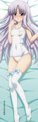 Rule 34 | 1girl, absurdres, azmaria hendric, bed sheet, blush, breasts, chrno crusade, covered erect nipples, feet, hand on own face, highres, image sample, long hair, looking at viewer, lying, no shoes, on back, one-piece swimsuit, open mouth, purple hair, red eyes, school swimsuit, small breasts, solo, sugimura tomokazu, swimsuit, thighhighs, white school swimsuit, white one-piece swimsuit, white thighhighs