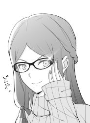 Rule 34 | 1girl, bad id, bad twitter id, blush, fan la norne, glasses, greyscale, highres, long hair, looking at viewer, mebi il, monochrome, nintendo, simple background, smile, solo, sweater, xenoblade chronicles (series), xenoblade chronicles 2, xenoblade chronicles 2: torna - the golden country