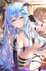 Rule 34 | 1girl, ahoge, all fours, arm strap, bad id, bad twitter id, bare shoulders, bat hair ornament, bikini, black gloves, blue hair, blue nails, blush, breasts, cleavage, collarbone, elbow gloves, elf, fingerless gloves, frills, gloves, hair between eyes, hair ornament, halloween costume, hand up, highres, hololive, large breasts, leg ribbon, long hair, looking at viewer, nail polish, navel, parted lips, pointy ears, ribbon, rin yuu, single elbow glove, single fingerless glove, single thighhigh, solo, striped clothes, striped thighhighs, swimsuit, thigh ribbon, thighhighs, thighs, virtual youtuber, wrist straps, x hair ornament, yellow eyes, yukihana lamy