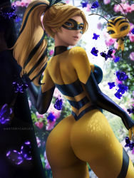 Rule 34 | 1girl, artist name, artsbycarlos, ass, blonde hair, blue eyes, bodysuit, bug, butterfly, chloe bourgeois, domino mask, flower, highres, insect, kwami, looking at viewer, looking back, mask, miraculous ladybug, parted lips, pollen (miraculous ladybug), ponytail, queen bee (miraculous ladybug), solo