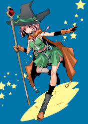 Rule 34 | 1girl, black footwear, boots, breasts, cape, dragon quest, dragon quest iii, dress, flask, gloves, hat, leg up, looking at viewer, mage (dq3), pink eyes, pink hair, short dress, simple background, smile, solo, staff, standing, standing on one leg, star (symbol), tajima ryuushi, witch hat