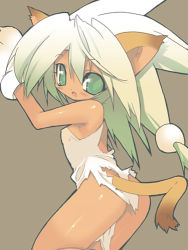 Rule 34 | 1girl, animal ears, animal hands, bare shoulders, blade (galaxist), brown background, cat ears, cat girl, cat tail, cham cham, female focus, gloves, green eyes, green hair, long hair, lowres, matching hair/eyes, paw gloves, samurai spirits, simple background, snk, solo, tail, torn clothes